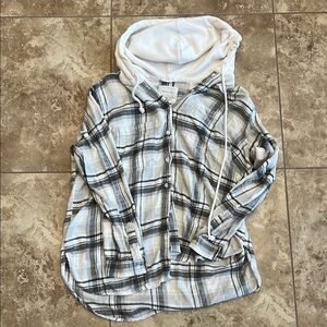 American Eagle Outfitters Plaid Button Down Shirt with Hood - Black, White, Gray